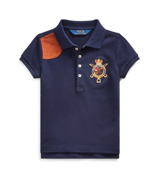 Polo Ralph Lauren Navy Blue With Brown Leather Patch Girls Polo Shirt 
